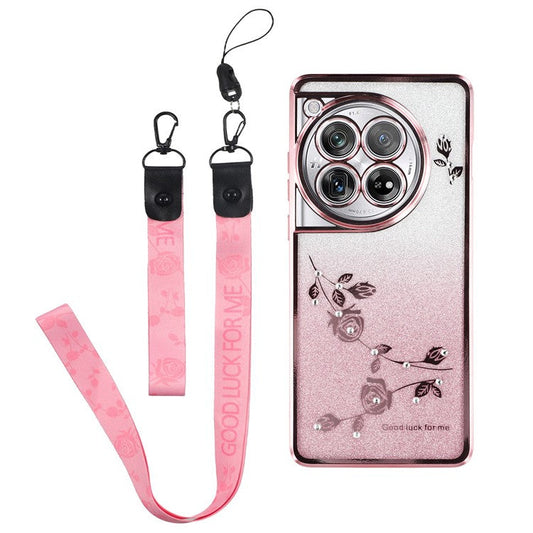 KADEM For OnePlus 12 5G Cover Flower Pattern Gradient TPU Anti-scratch Cell Phone Case with Strap - Rose Gold