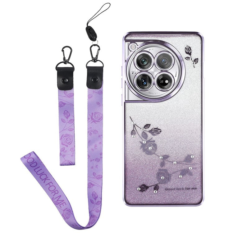 KADEM For OnePlus 12 5G Cover Flower Pattern Gradient TPU Anti-scratch Cell Phone Case with Strap - Purple