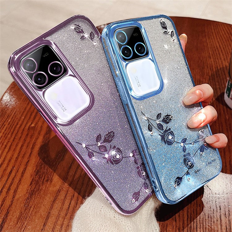 KADEM For vivo S18 Pro 5G Case Rhinestone Flower Gradient Color TPU Mobile Phone Cover with Strap - Blue