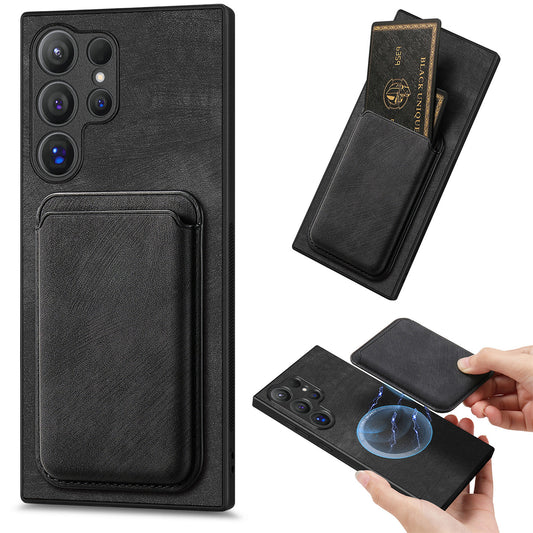 D12 For Samsung Galaxy S24 Ultra Retro Texture Detachable Magnetic Card Case Phone Cover - Black