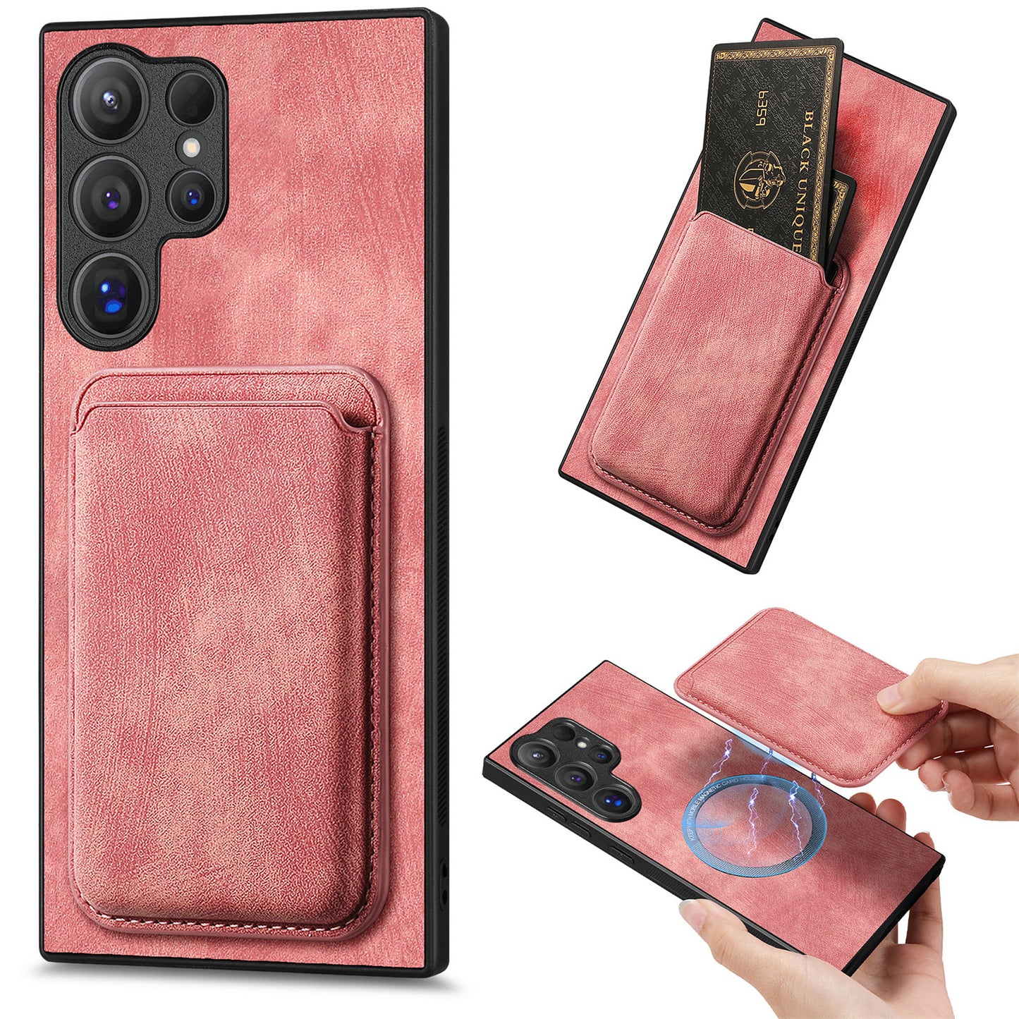 D12 For Samsung Galaxy S24 Ultra Retro Texture Detachable Magnetic Card Case Phone Cover - Pink