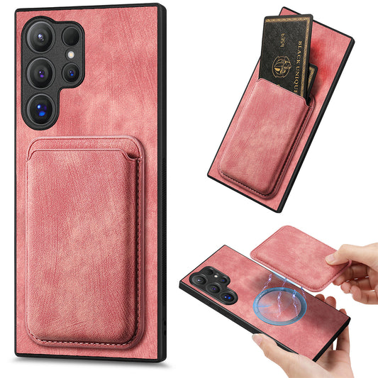 D12 For Samsung Galaxy S24 Ultra Retro Texture Detachable Magnetic Card Case Phone Cover - Pink