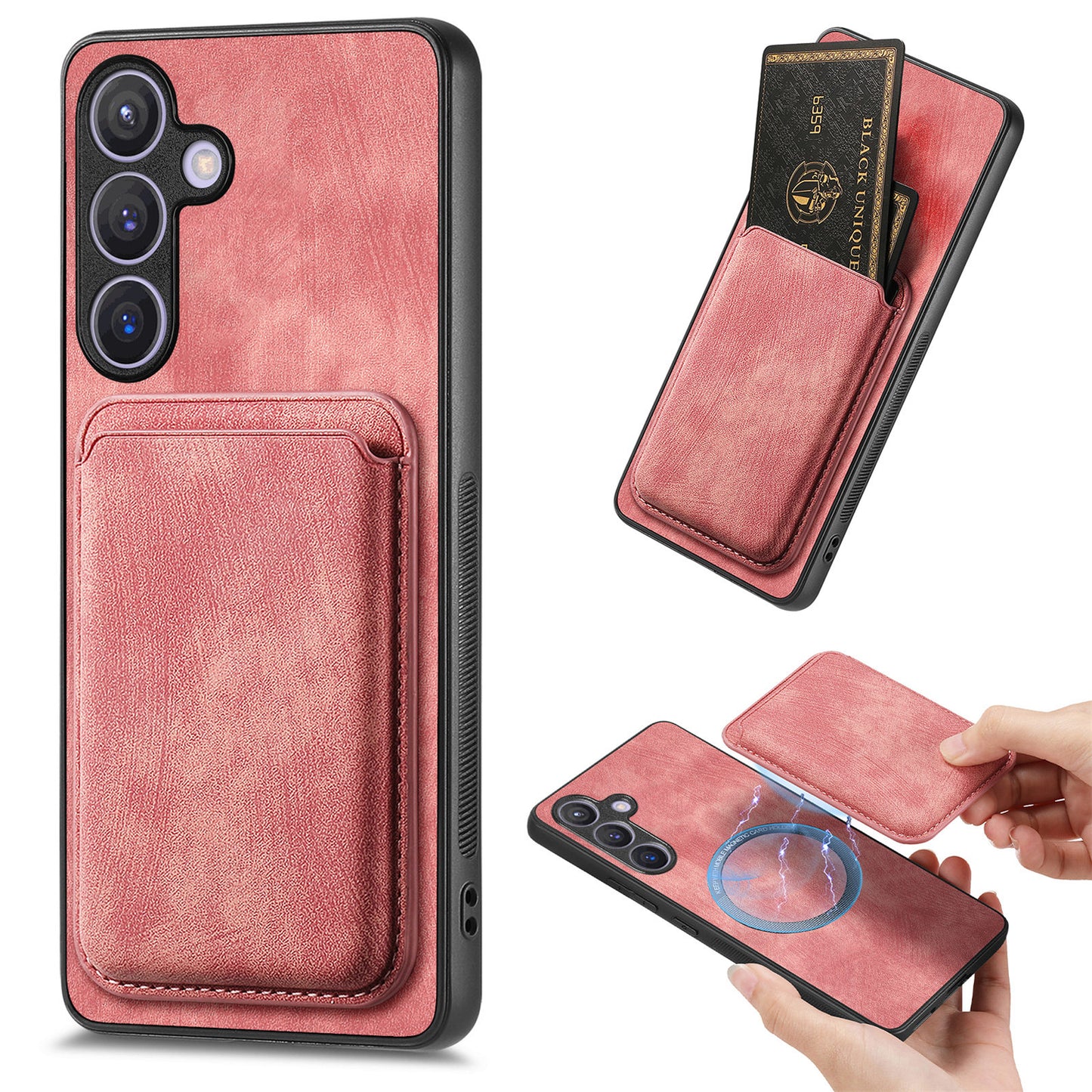 D12 For Samsung Galaxy S24+ Detachable Magnetic Card Case Fall Proof Phone Cover - Pink
