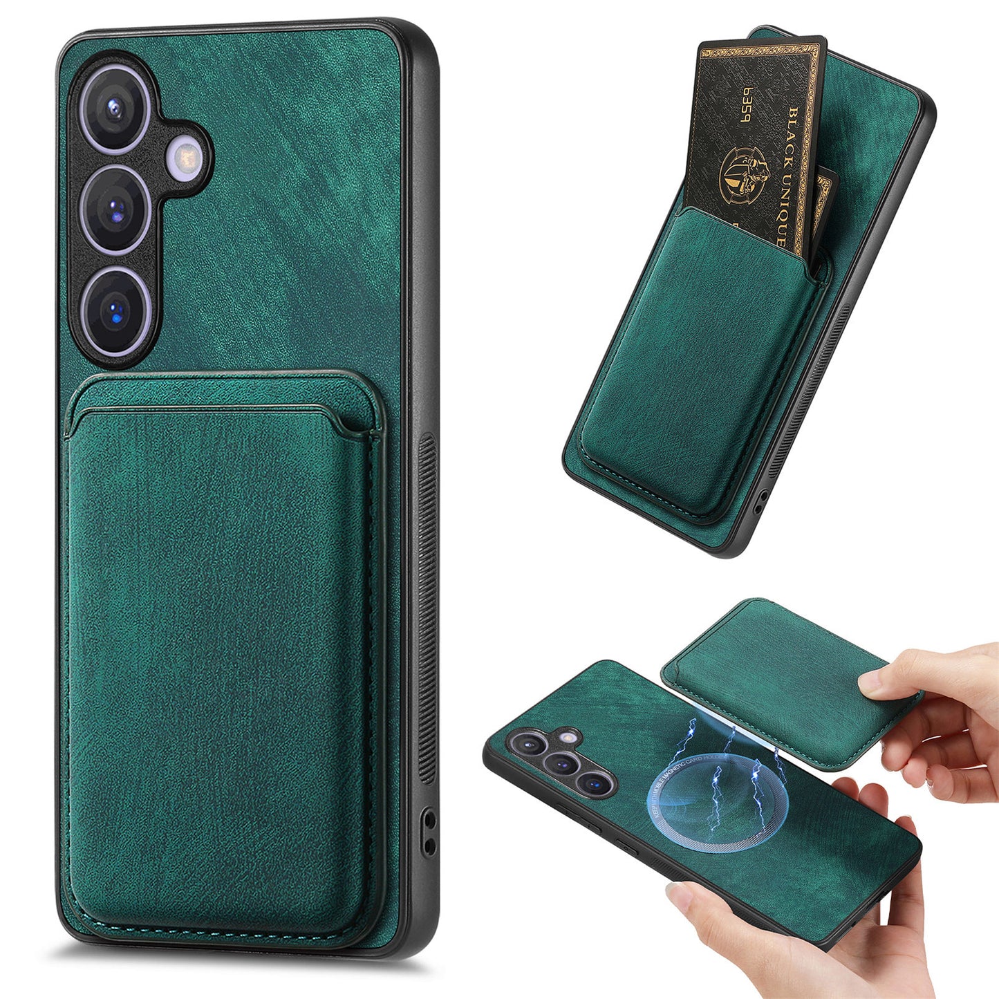 D12 For Samsung Galaxy S24 Bump Proof Phone Cover with Detachable Magnetic Card Case - Green