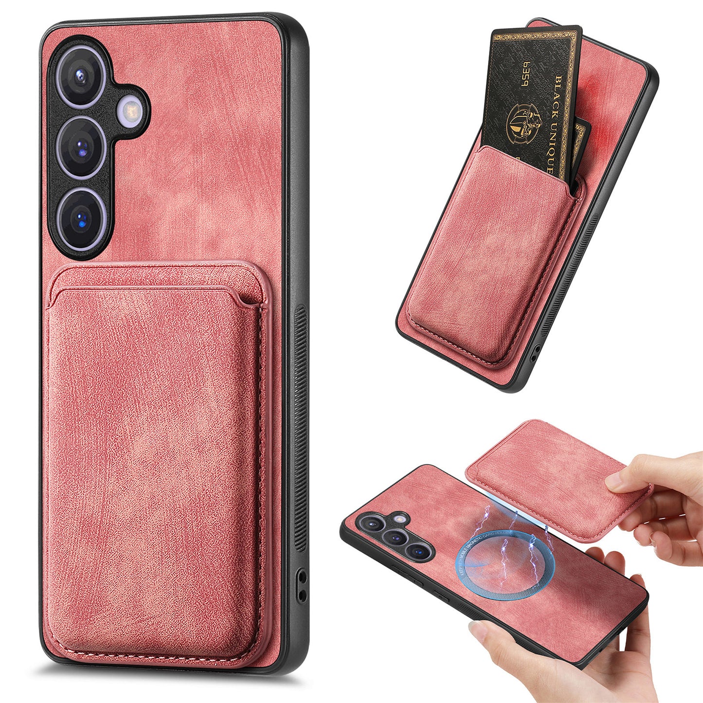 D12 For Samsung Galaxy S24 Bump Proof Phone Cover with Detachable Magnetic Card Case - Pink