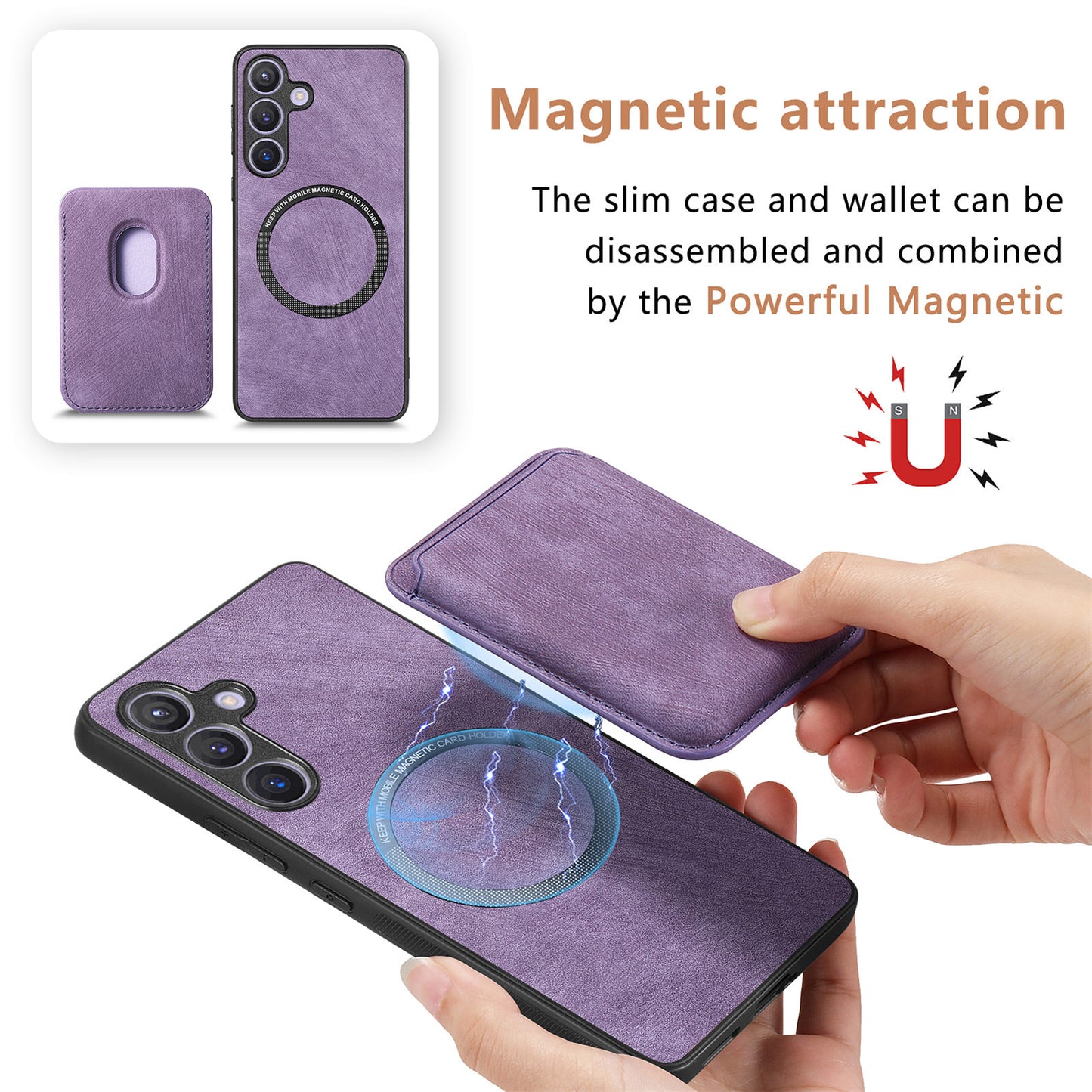D12 For Samsung Galaxy S24 Bump Proof Phone Cover with Detachable Magnetic Card Case - Purple