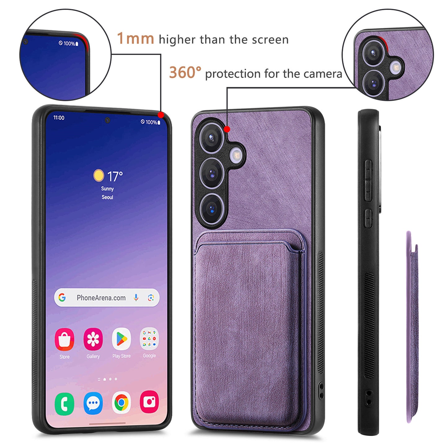 D12 For Samsung Galaxy S24 Bump Proof Phone Cover with Detachable Magnetic Card Case - Purple