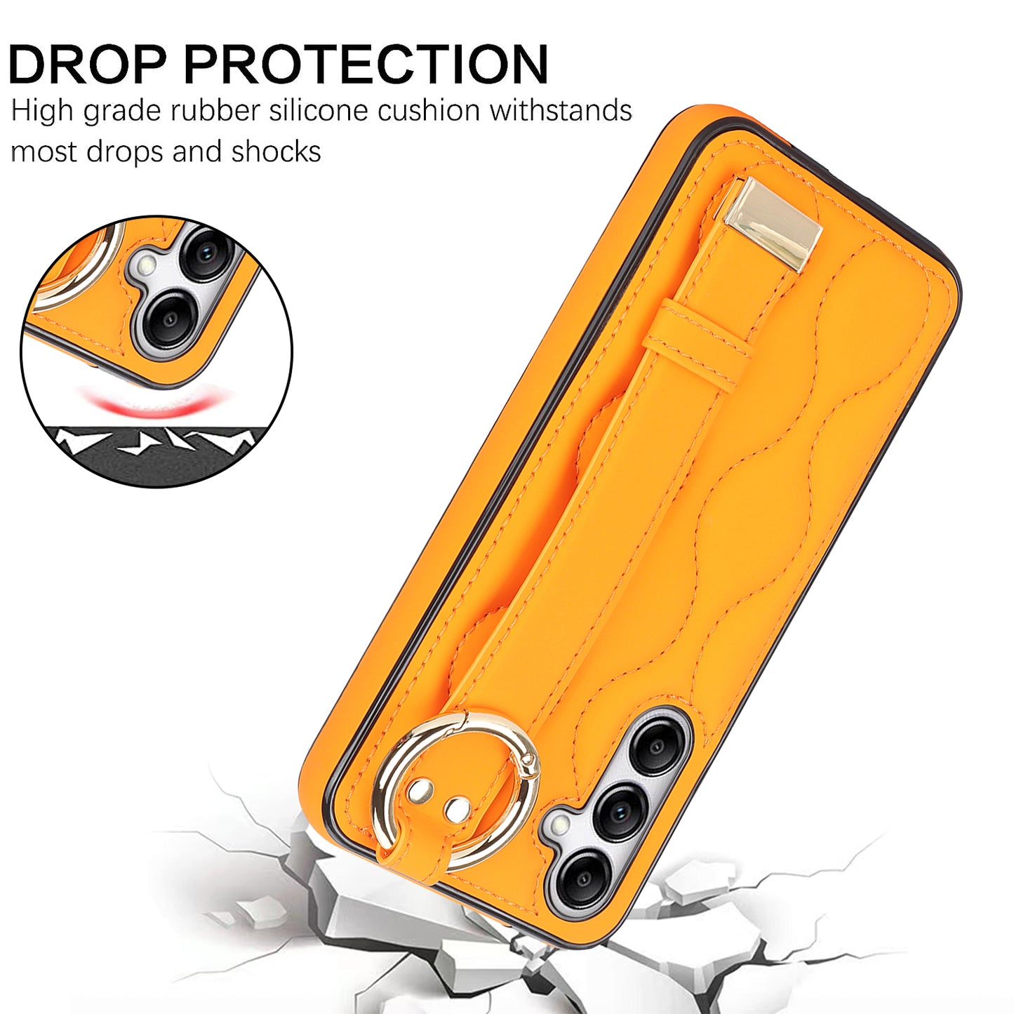 For Samsung Galaxy S24 Case Wave Pattern PU Leather+TPU Wristband Kickstand Phone Cover - Orange