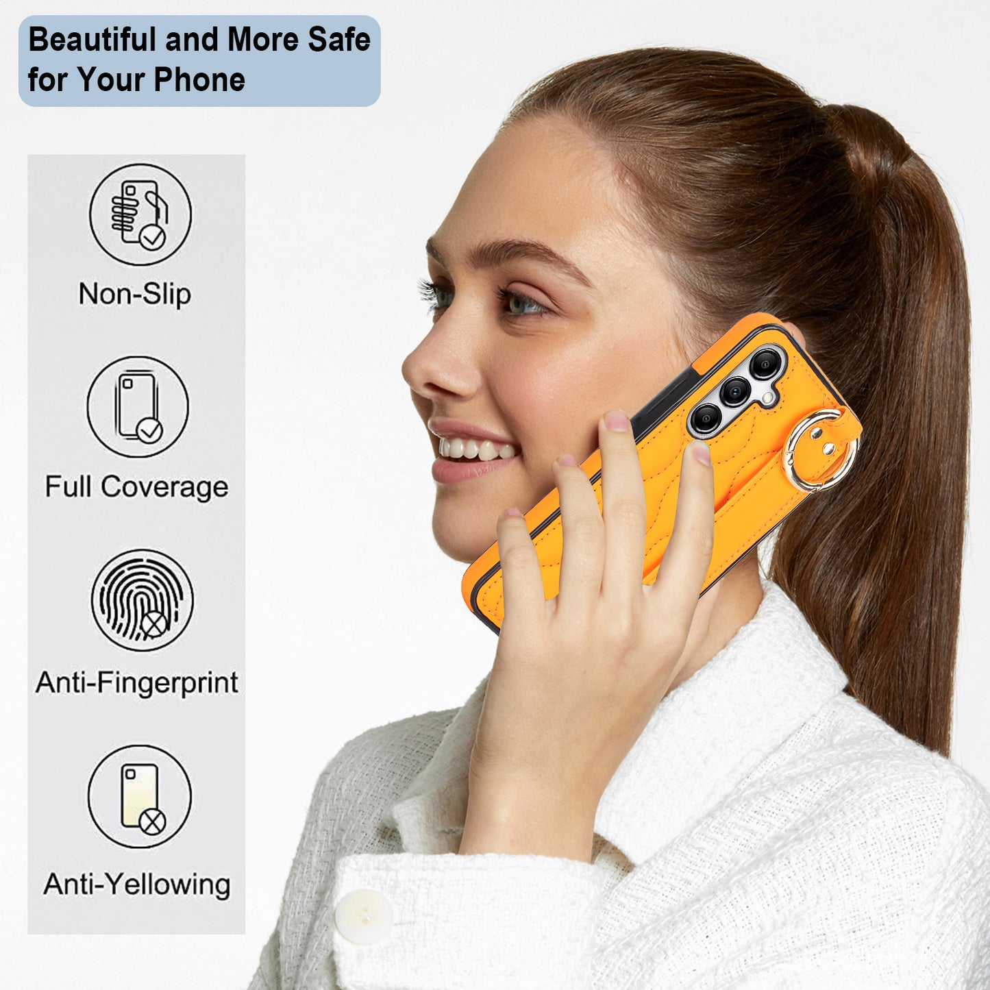 For Samsung Galaxy S24 Case Wave Pattern PU Leather+TPU Wristband Kickstand Phone Cover - Orange