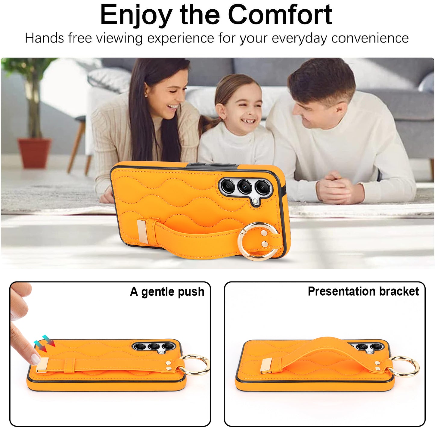 For Samsung Galaxy S24 Case Wave Pattern PU Leather+TPU Wristband Kickstand Phone Cover - Orange