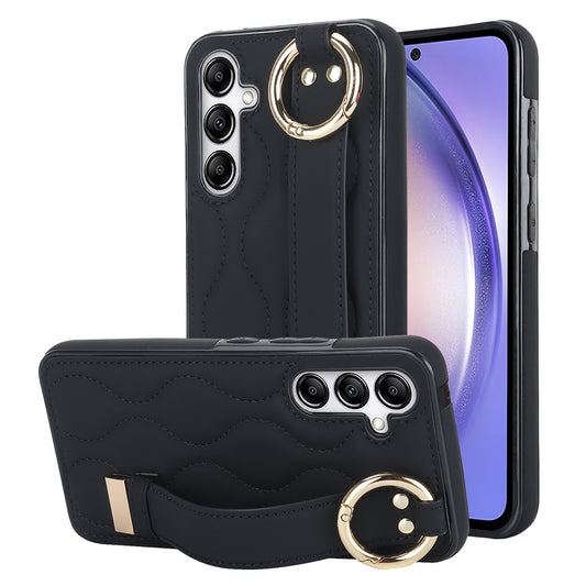 For Samsung Galaxy S24 Case Wave Pattern PU Leather+TPU Wristband Kickstand Phone Cover - Black
