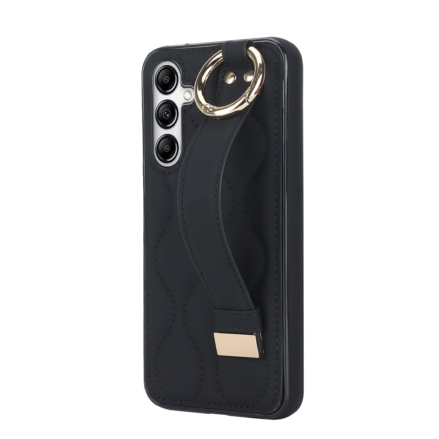 For Samsung Galaxy S24 Case Wave Pattern PU Leather+TPU Wristband Kickstand Phone Cover - Black
