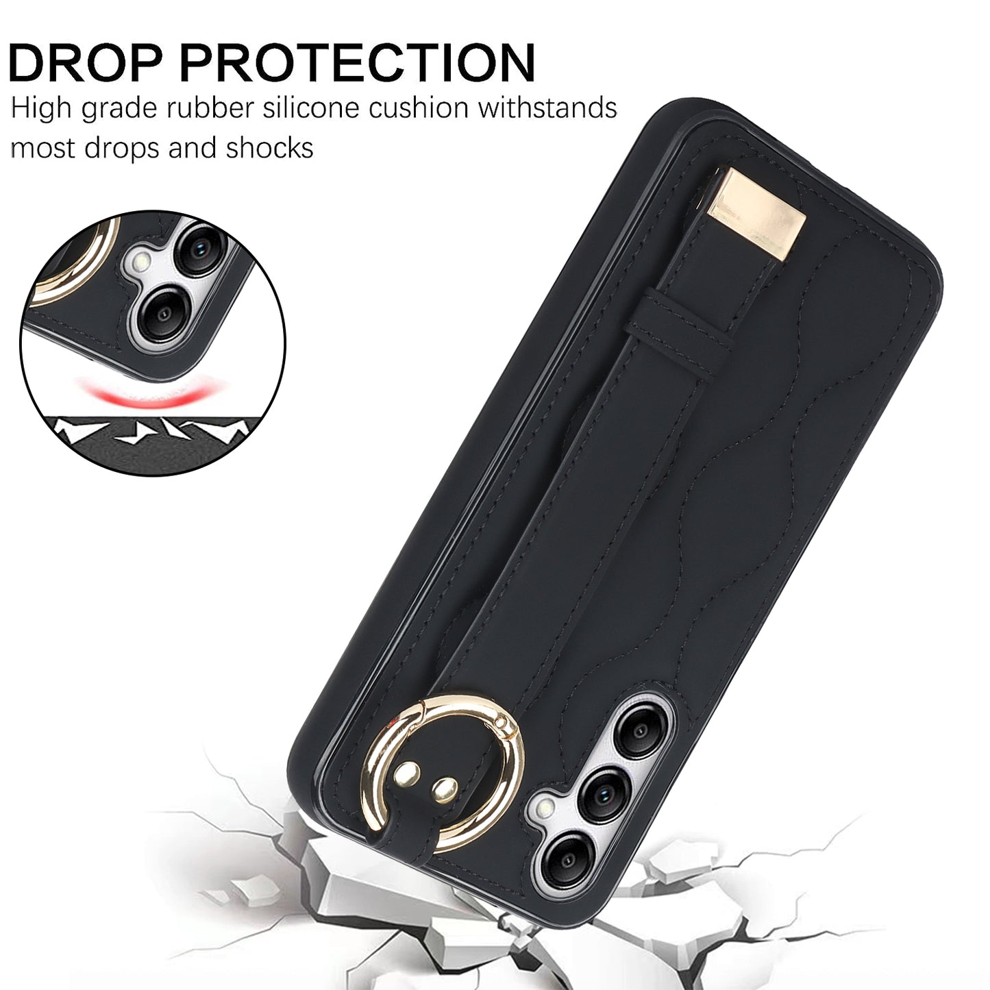 For Samsung Galaxy S24 Case Wave Pattern PU Leather+TPU Wristband Kickstand Phone Cover - Black