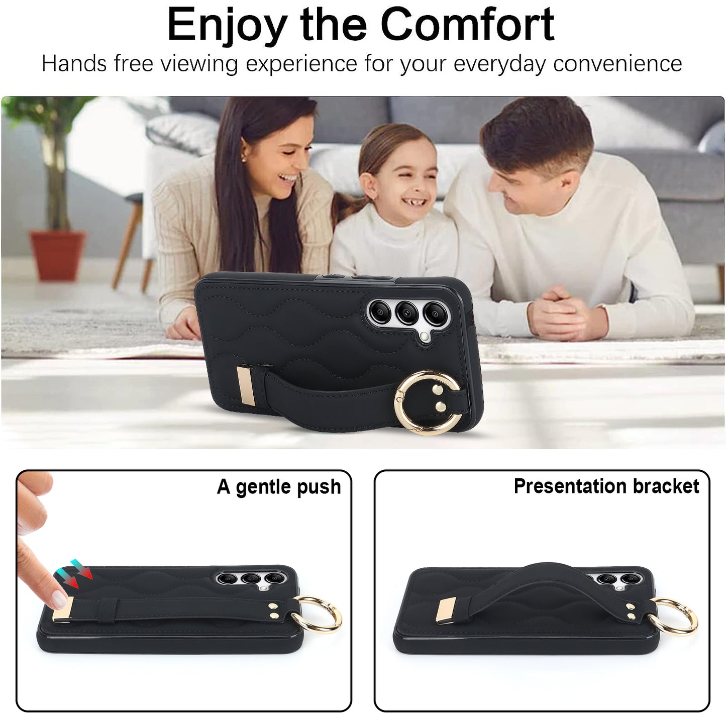 For Samsung Galaxy S24 Case Wave Pattern PU Leather+TPU Wristband Kickstand Phone Cover - Black