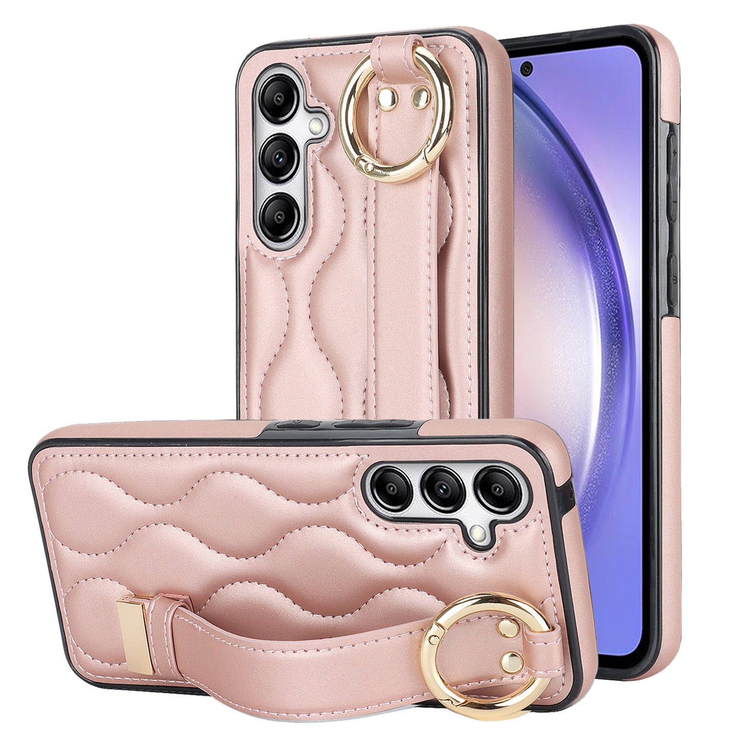 For Samsung Galaxy S24 Case Wave Pattern PU Leather+TPU Wristband Kickstand Phone Cover - Rose Gold