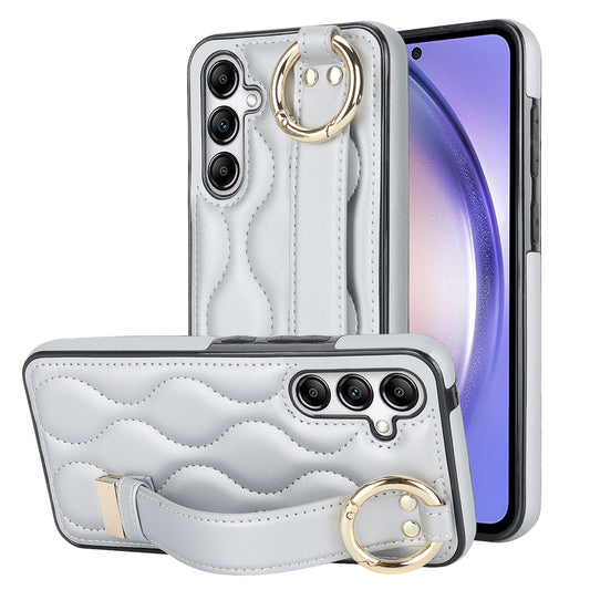 For Samsung Galaxy S24 Case Wave Pattern PU Leather+TPU Wristband Kickstand Phone Cover - Silver