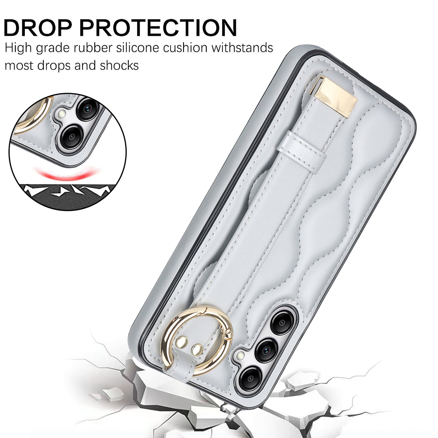 For Samsung Galaxy S24 Case Wave Pattern PU Leather+TPU Wristband Kickstand Phone Cover - Silver