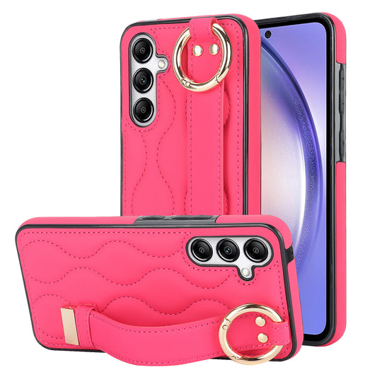 For Samsung Galaxy S24 Case Wave Pattern PU Leather+TPU Wristband Kickstand Phone Cover - Rose