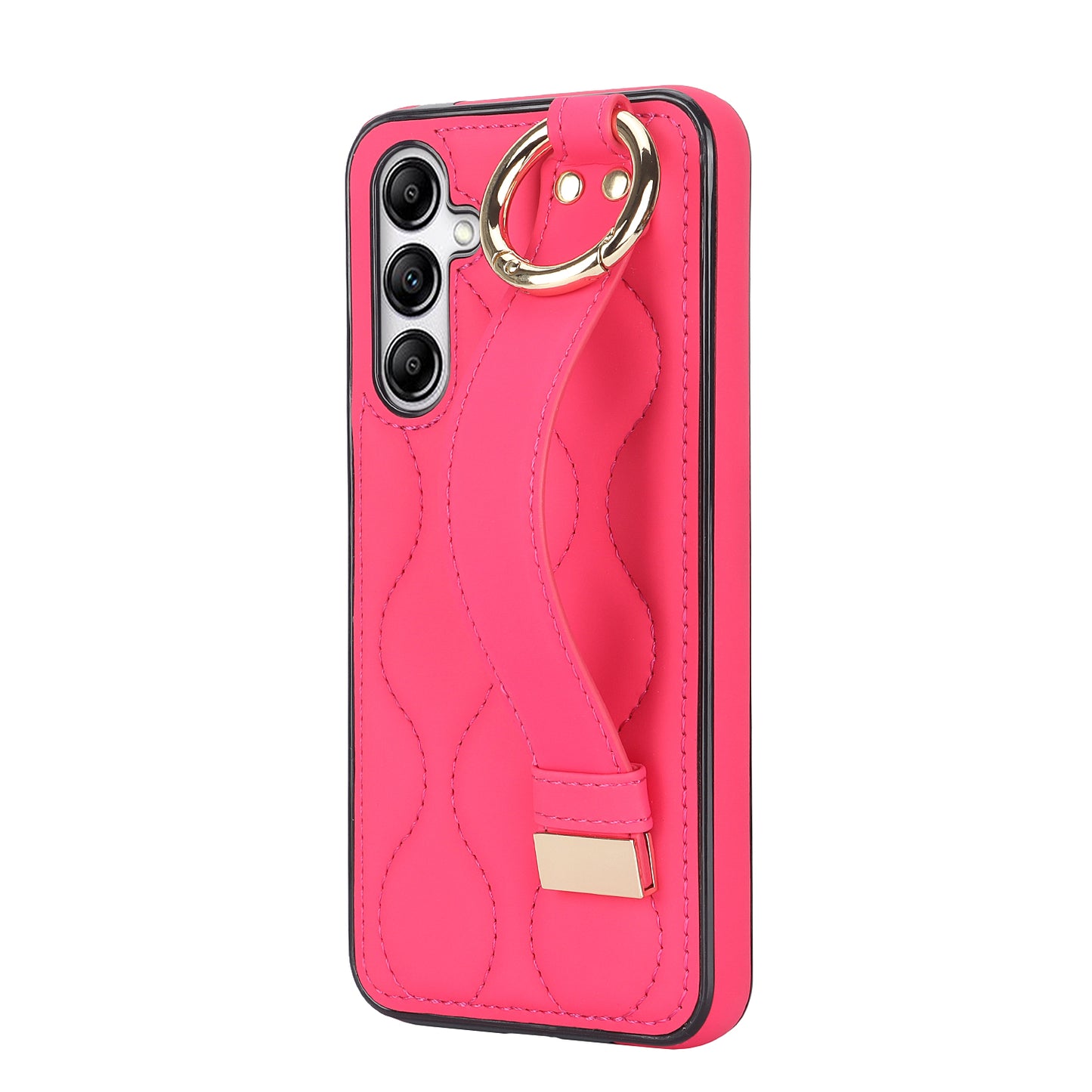 For Samsung Galaxy S24 Case Wave Pattern PU Leather+TPU Wristband Kickstand Phone Cover - Rose