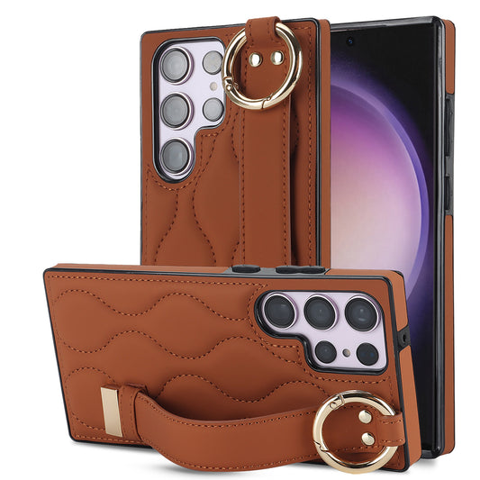 For Samsung Galaxy S24 Ultra Case Stylish Wave Pattern Leather+TPU Phone Cover with Kickstand - Brown
