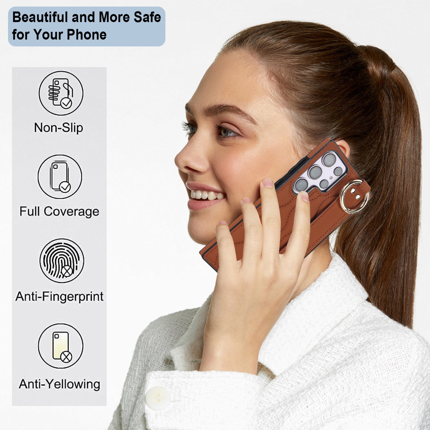 For Samsung Galaxy S24 Ultra Case Stylish Wave Pattern Leather+TPU Phone Cover with Kickstand - Brown