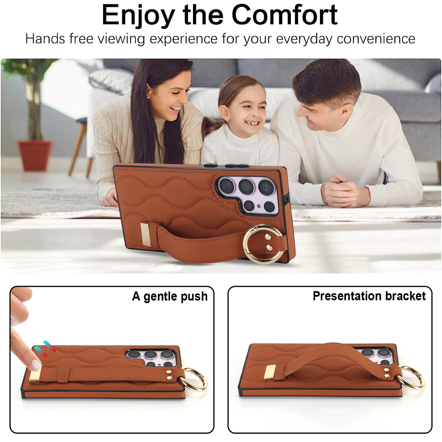 For Samsung Galaxy S24 Ultra Case Stylish Wave Pattern Leather+TPU Phone Cover with Kickstand - Brown