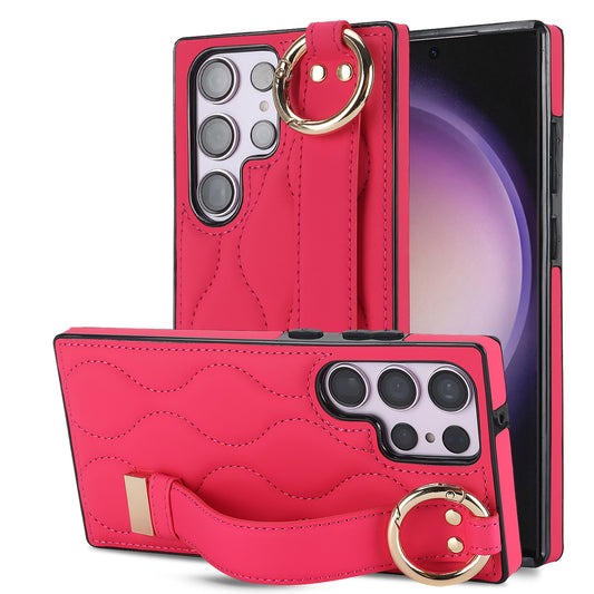 For Samsung Galaxy S24 Ultra Case Stylish Wave Pattern Leather+TPU Phone Cover with Kickstand - Rose