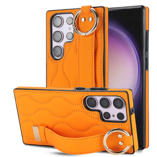 For Samsung Galaxy S24 Ultra Case Stylish Wave Pattern Leather+TPU Phone Cover with Kickstand - Orange