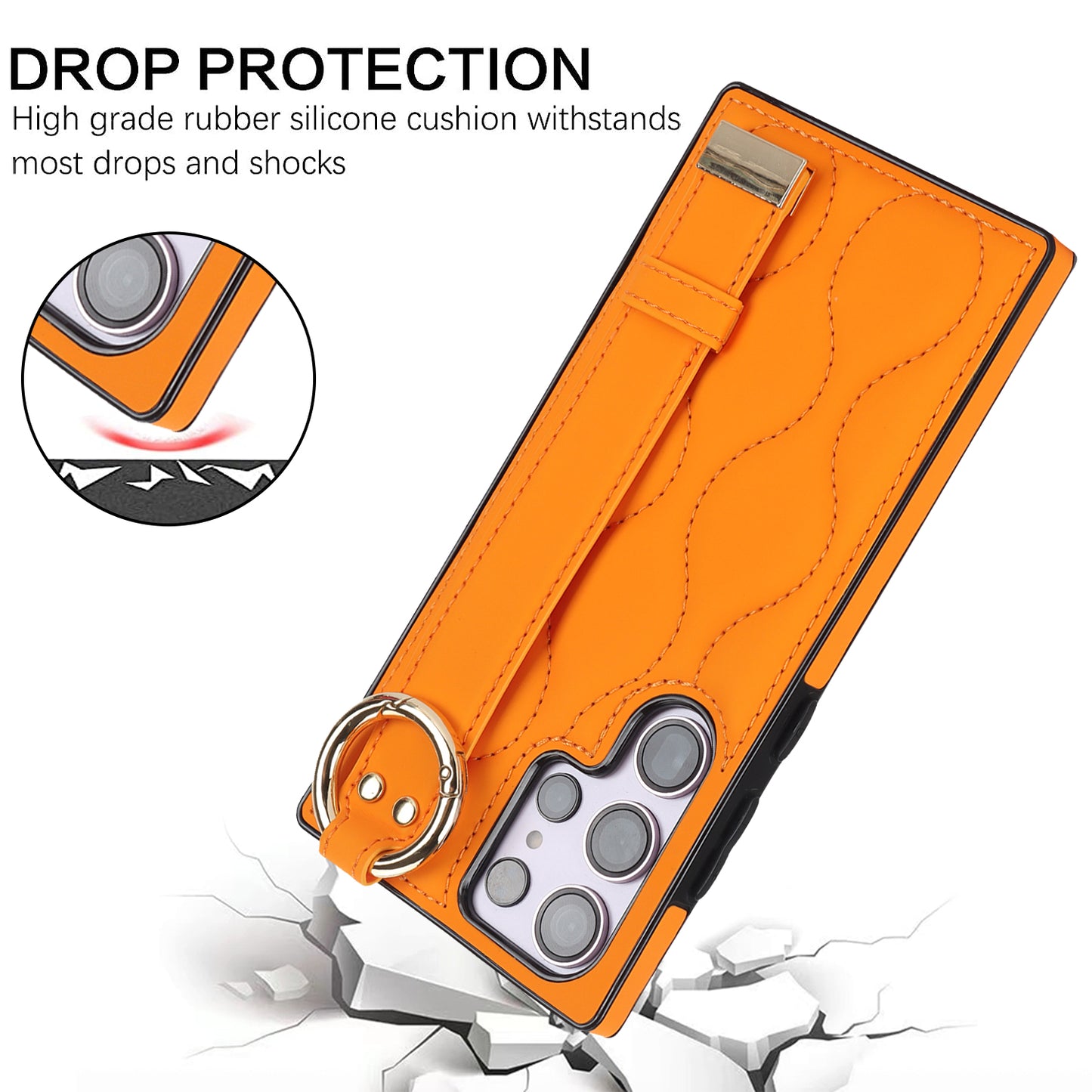 For Samsung Galaxy S24 Ultra Case Stylish Wave Pattern Leather+TPU Phone Cover with Kickstand - Orange