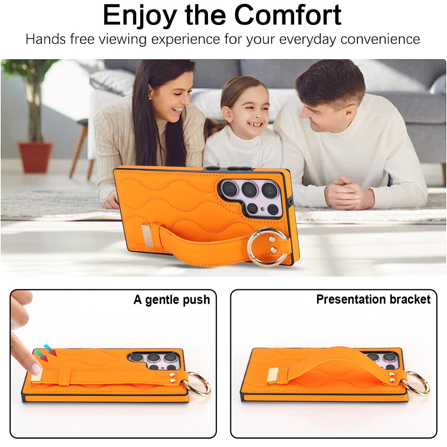 For Samsung Galaxy S24 Ultra Case Stylish Wave Pattern Leather+TPU Phone Cover with Kickstand - Orange