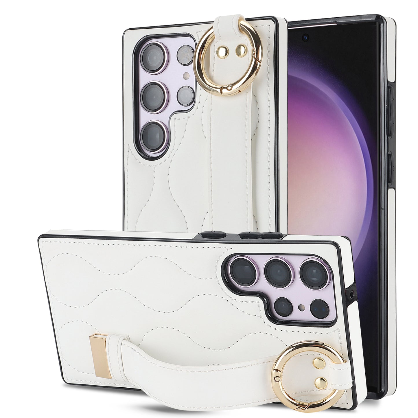 For Samsung Galaxy S24 Ultra Case Stylish Wave Pattern Leather+TPU Phone Cover with Kickstand - White