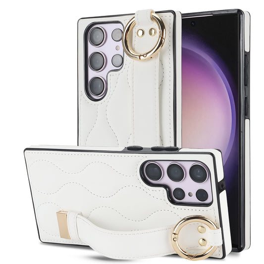 For Samsung Galaxy S24 Ultra Case Stylish Wave Pattern Leather+TPU Phone Cover with Kickstand - White