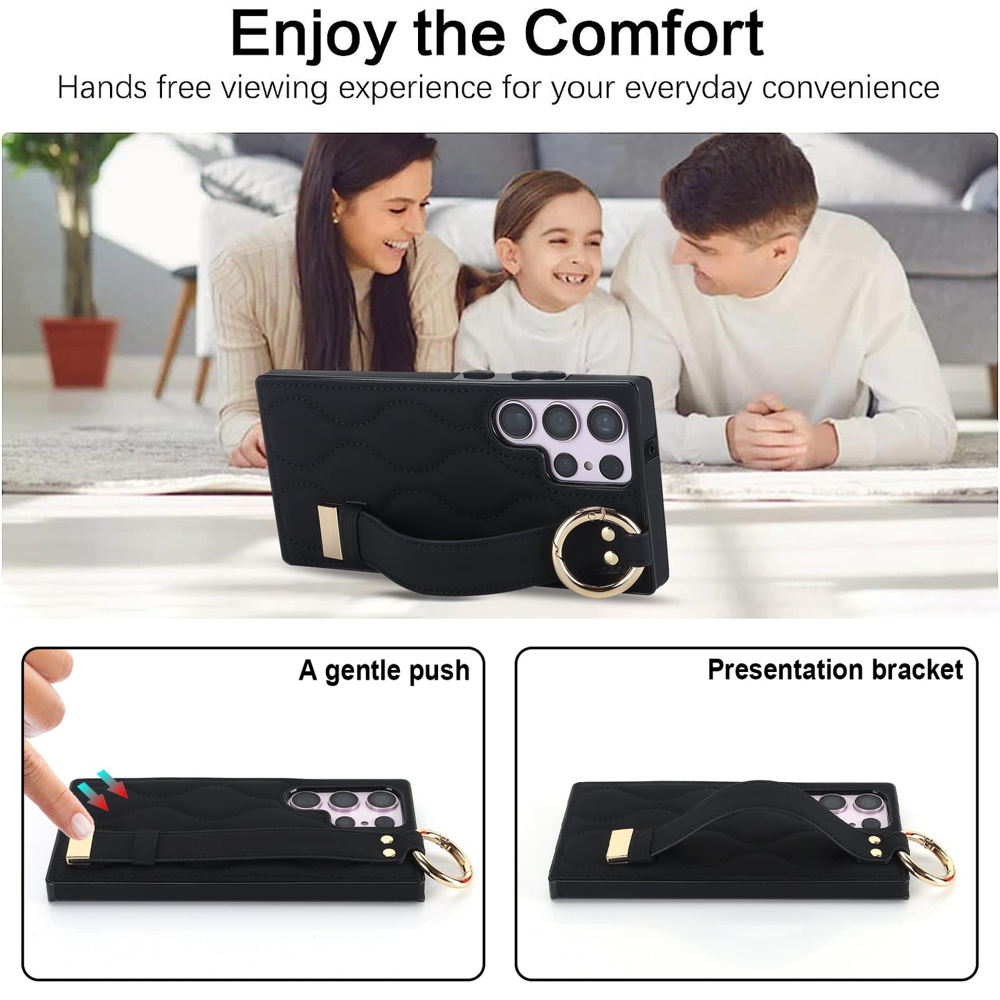 For Samsung Galaxy S24 Ultra Case Stylish Wave Pattern Leather+TPU Phone Cover with Kickstand - Black