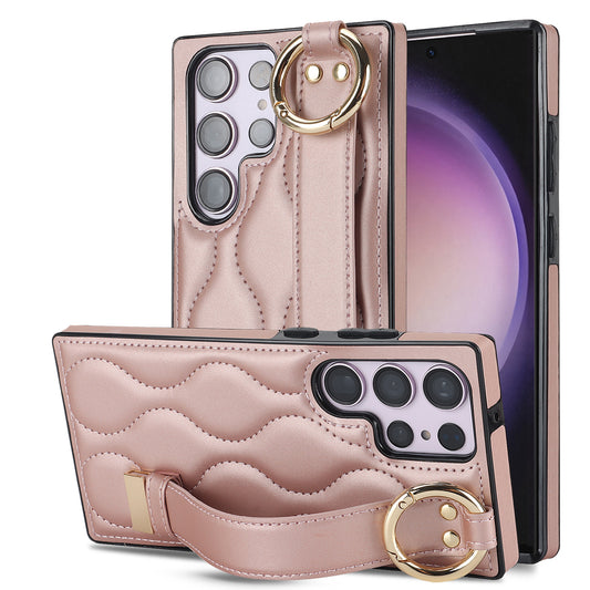 For Samsung Galaxy S24 Ultra Case Stylish Wave Pattern Leather+TPU Phone Cover with Kickstand - Rose Gold