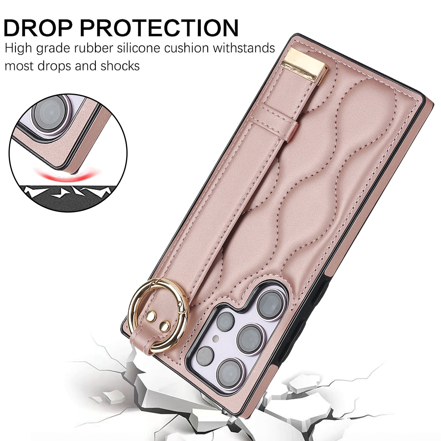 For Samsung Galaxy S24 Ultra Case Stylish Wave Pattern Leather+TPU Phone Cover with Kickstand - Rose Gold
