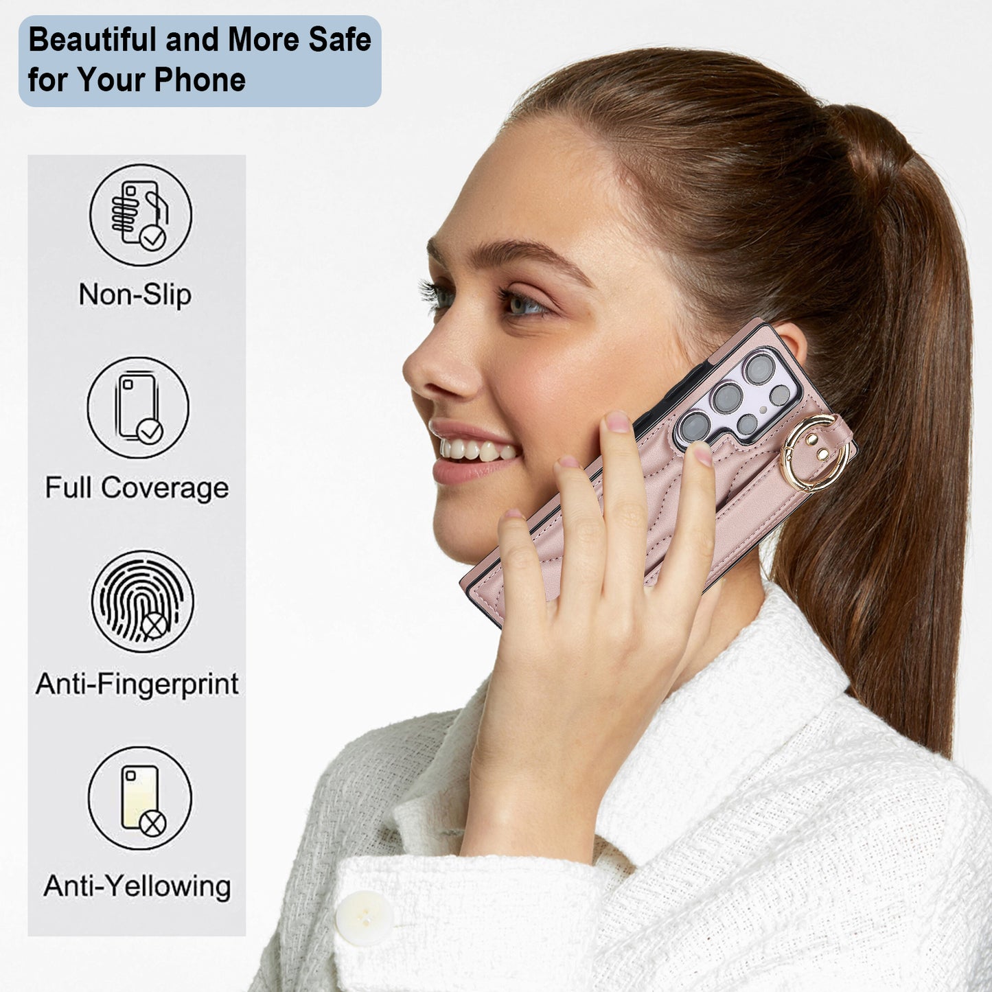 For Samsung Galaxy S24 Ultra Case Stylish Wave Pattern Leather+TPU Phone Cover with Kickstand - Rose Gold
