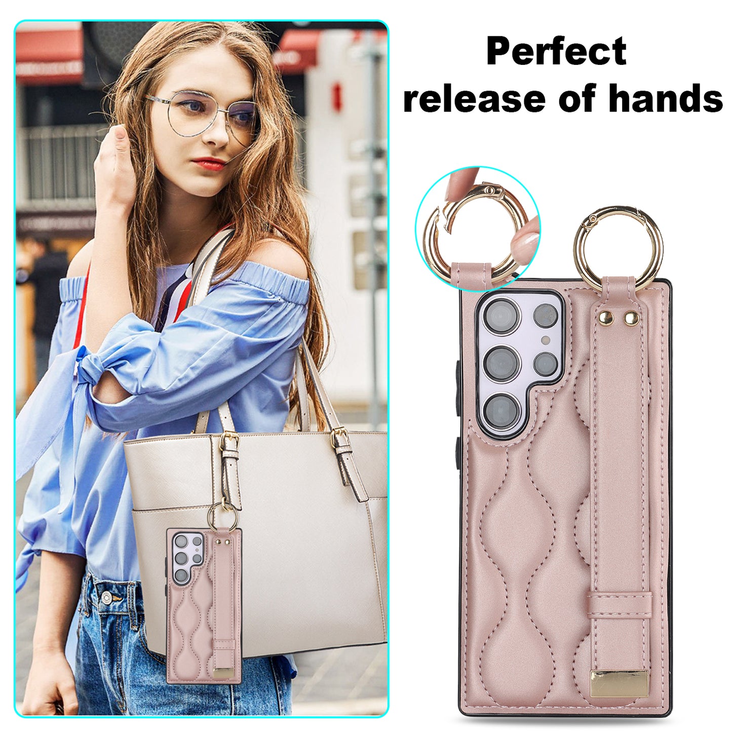For Samsung Galaxy S24 Ultra Case Stylish Wave Pattern Leather+TPU Phone Cover with Kickstand - Rose Gold