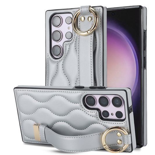 For Samsung Galaxy S24 Ultra Case Stylish Wave Pattern Leather+TPU Phone Cover with Kickstand - Silver