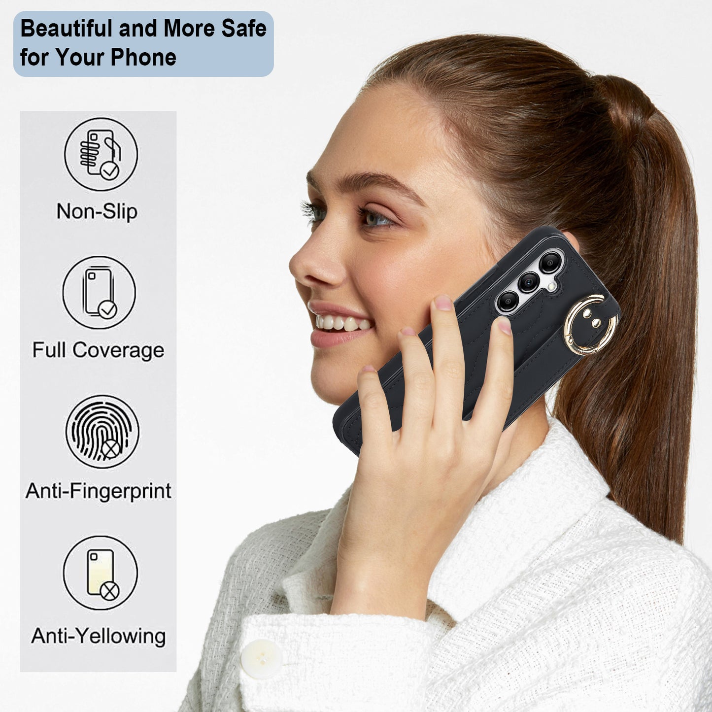 For Samsung Galaxy S24+ Cell Phone Case PU Leather+TPU Cover with Wristband - Black