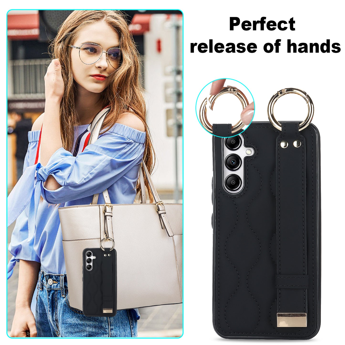 For Samsung Galaxy S24+ Cell Phone Case PU Leather+TPU Cover with Wristband - Black