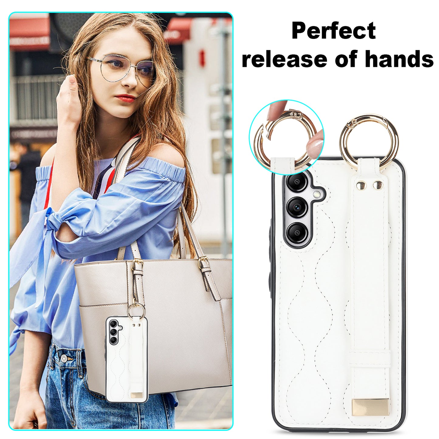For Samsung Galaxy S24+ Cell Phone Case PU Leather+TPU Cover with Wristband - White