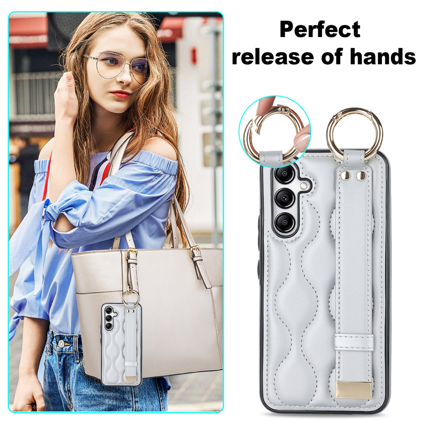 For Samsung Galaxy S24+ Cell Phone Case PU Leather+TPU Cover with Wristband - Silver