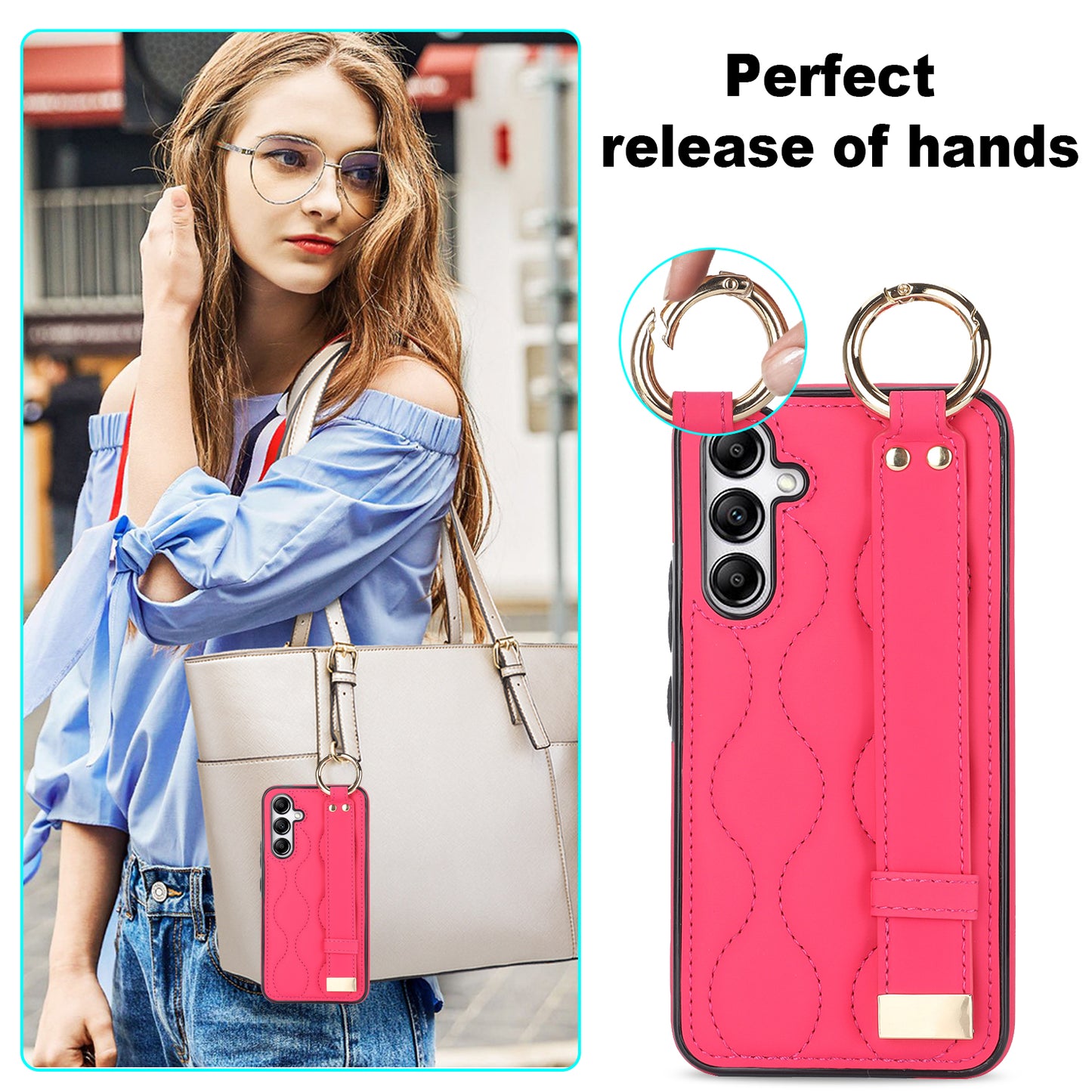 For Samsung Galaxy S24+ Cell Phone Case PU Leather+TPU Cover with Wristband - Rose
