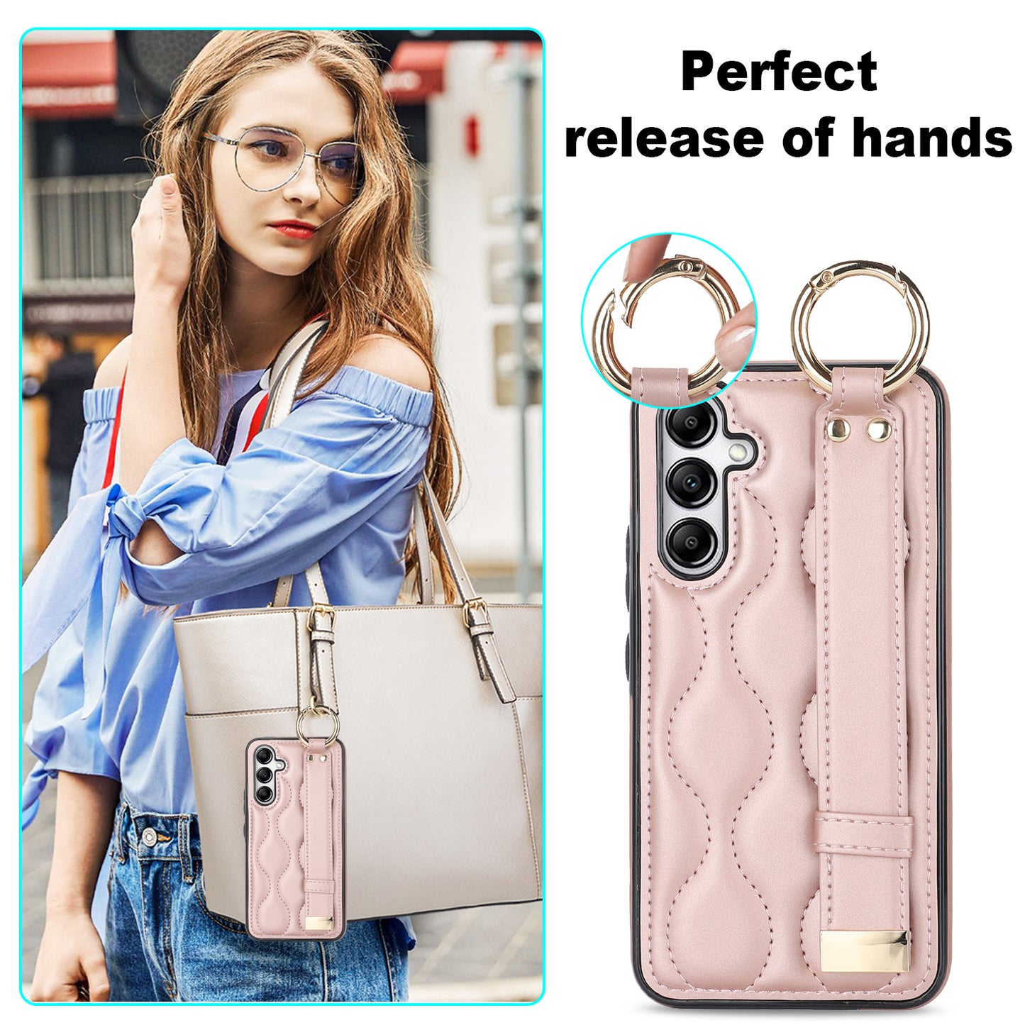 For Samsung Galaxy S24+ Cell Phone Case PU Leather+TPU Cover with Wristband - Rose Gold