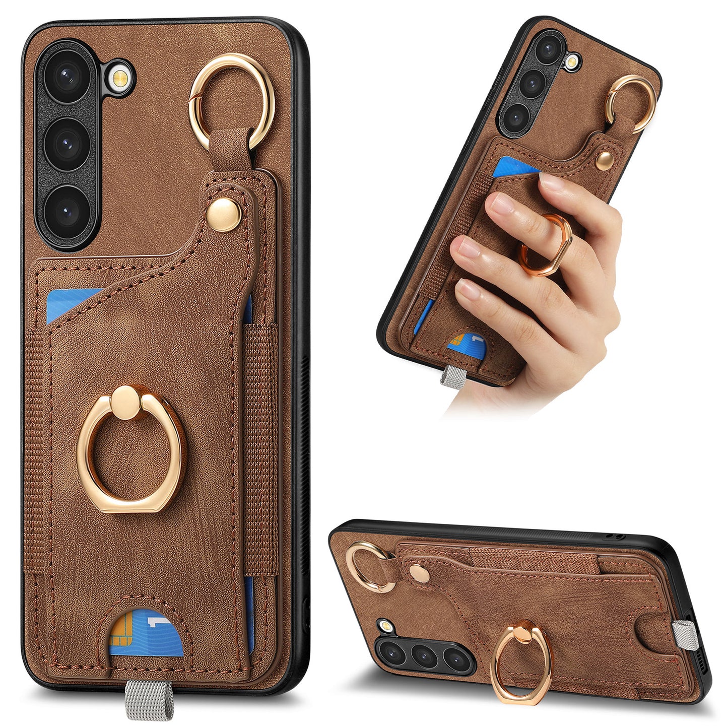 For Samsung Galaxy S24 Cell Phone Case Scratch-resistant Cover with Ring Kickstand - Brown
