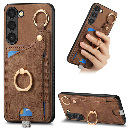 For Samsung Galaxy S24 Cell Phone Case Scratch-resistant Cover with Ring Kickstand - Brown