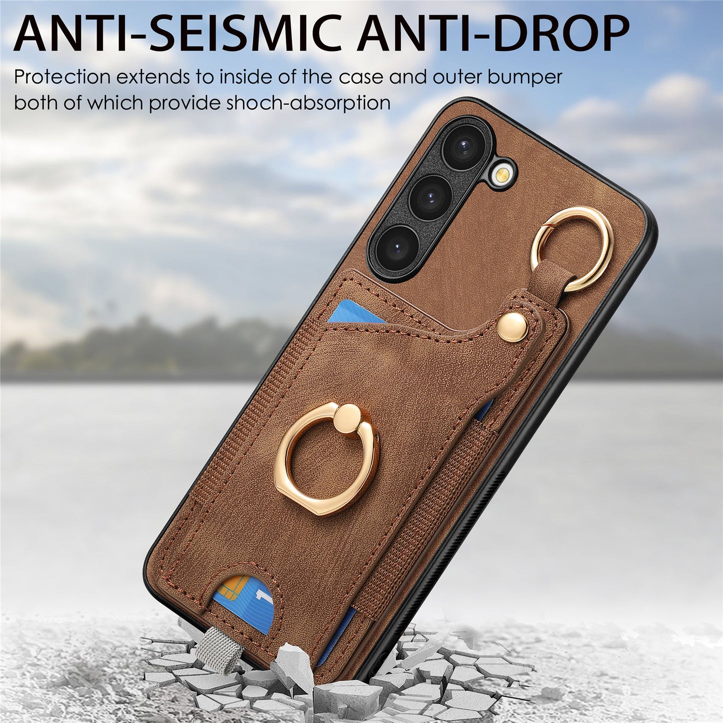 For Samsung Galaxy S24 Cell Phone Case Scratch-resistant Cover with Ring Kickstand - Brown