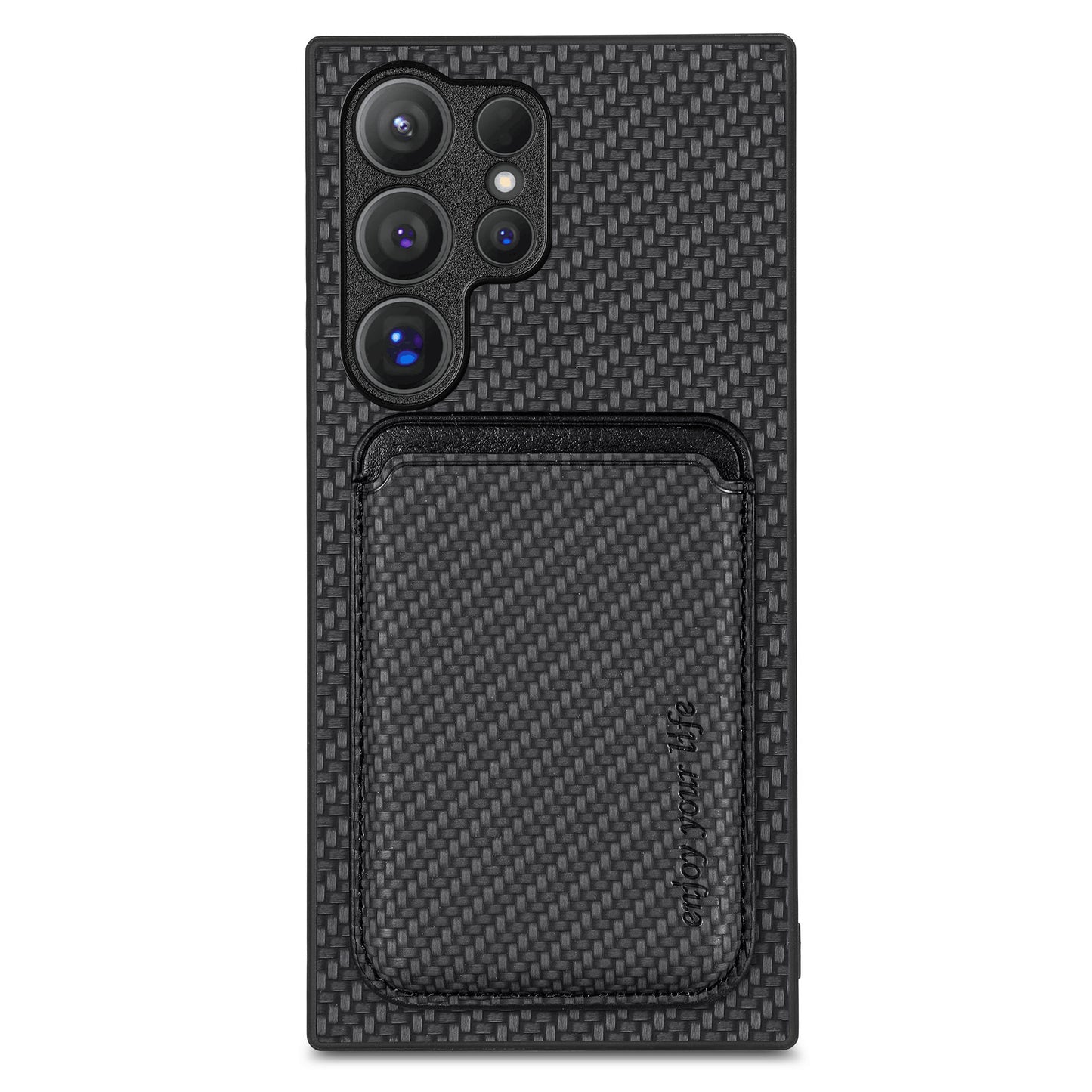 For Samsung Galaxy S24 Ultra Case Carbon Fiber Detachable Magnetic Card Slot Phone Protector - Black