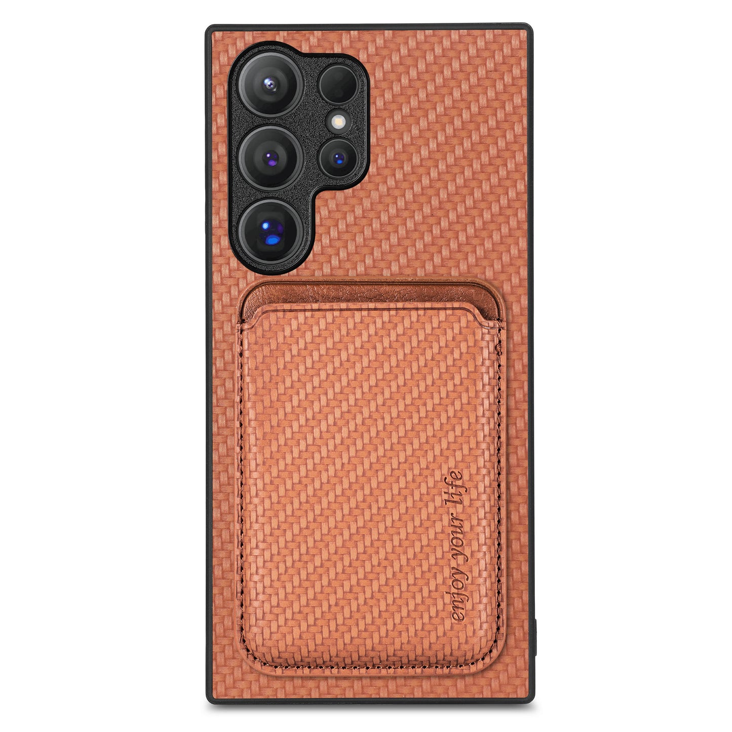 For Samsung Galaxy S24 Ultra Case Carbon Fiber Detachable Magnetic Card Slot Phone Protector - Brown
