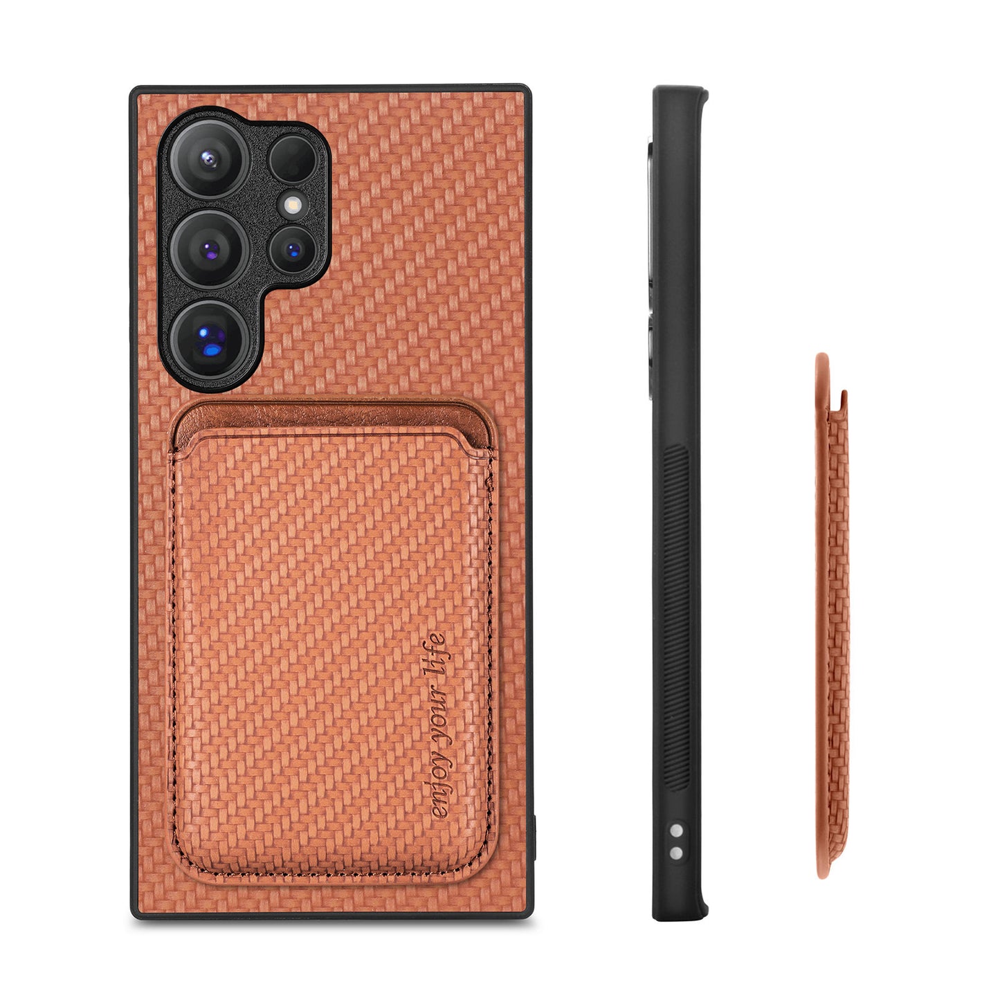 For Samsung Galaxy S24 Ultra Case Carbon Fiber Detachable Magnetic Card Slot Phone Protector - Brown